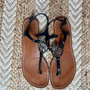 Tory Burch Black and Brown Mini Miller Sandals. Size 6.5